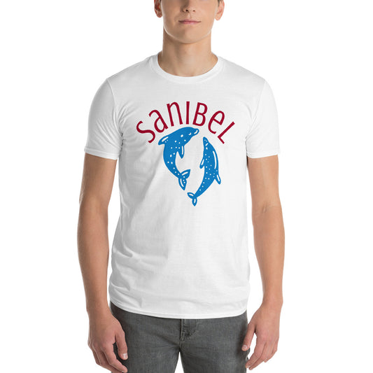 SANIBEL TSHIRT W/ 2 BLUE DOLPHINS - Sanibel Island Florida WHITE Unisex Lightweight T-Shirt - Gildan 980