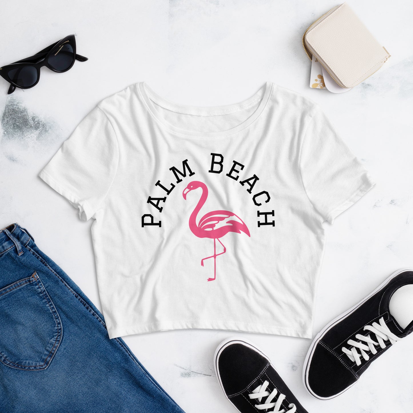 FLORIDA FLAMINGO "PALM BEACH" CROP TEE - FLORIDA Women's Crop Tee - Bella + Canvas 6681